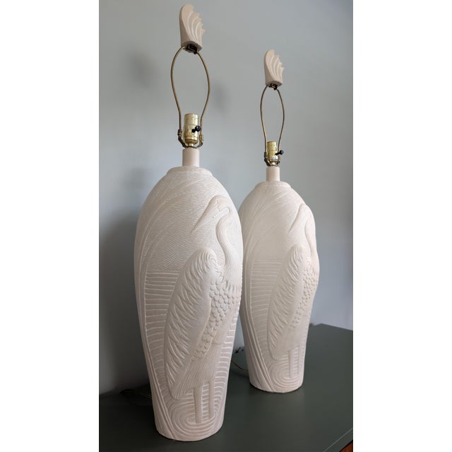 1980s Vintage Pair of 2 Dayle Rushall Sculptural Heron Egret Table Lamps With Original Feather Finials - Pair For Sale - Image 5 of 14