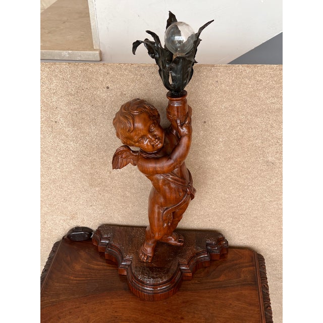 Brown 19th Pair of Italian Hand Carved Walnut Monumental Nightstands With Lamp For Sale - Image 8 of 13