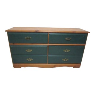 1970s Wood Dresser Six Drawer Green Natural Colonial Style For Sale