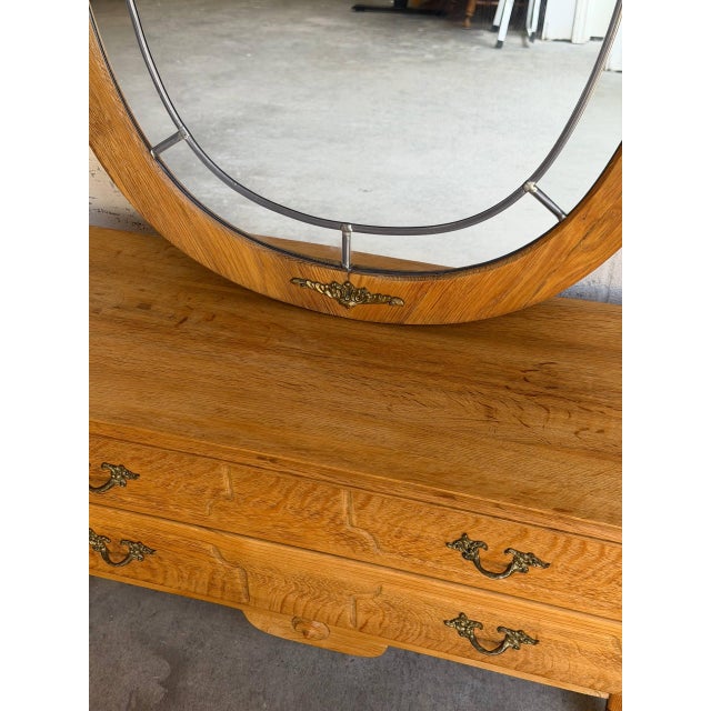 Vintage Danish Oak Entryway Console Table & Oval Mirror Set With Brass Details For Sale - Image 4 of 10