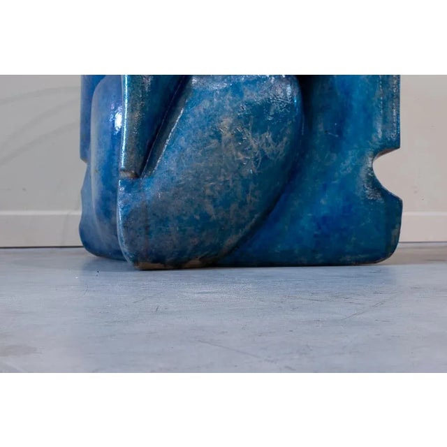 Blue Coffee Table with Organic Shaped Sculptural Resin Base and Round Glass Top For Sale - Image 8 of 9