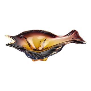 Venetian Amethyst and Amber Hand Blown Art Glass Fish Shape Bowl For Sale