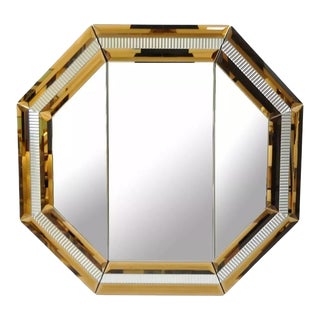 Large Modern Octagonal Tri Fold Wall Bathroom Vanity Mirror with Peach Glass For Sale