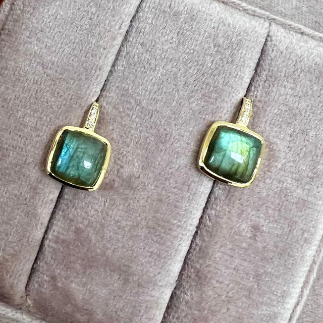 Syna Yellow Gold Earrings with Labradorite and Diamonds, a Pair For Sale - Image 4 of 6