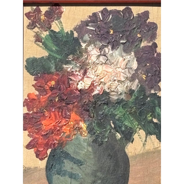 Charming Original Oil on. Board - formal floral in dark green vase with both texture and subtle tones. Mid 20th C., with...