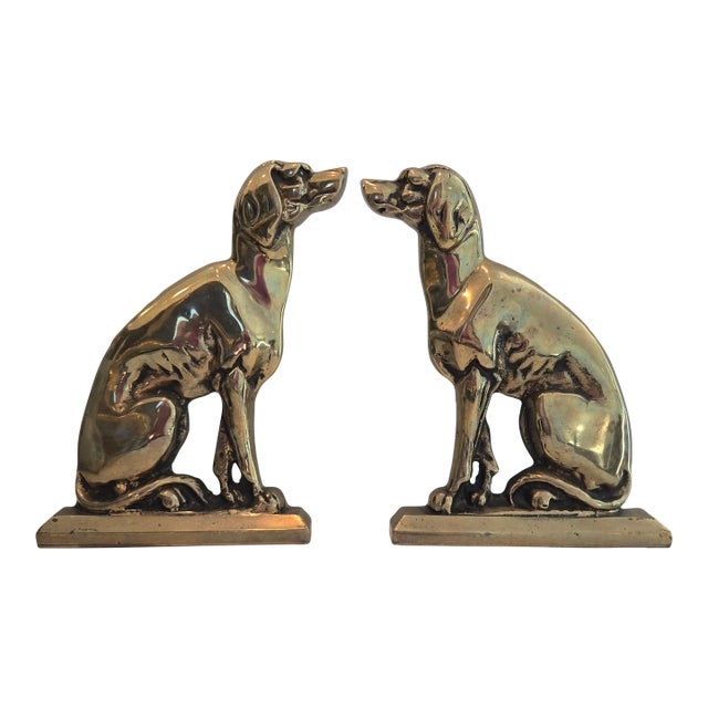 Vintage Heavy Brass and Cast Iron Seated Hunting Dog Bookends / Doorstops - Pair For Sale