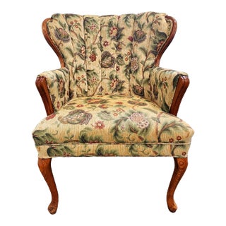 Vintage Woven English Botanical Curved Wingback Chair For Sale