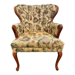 Vintage Woven English Botanical Curved Wingback Chair