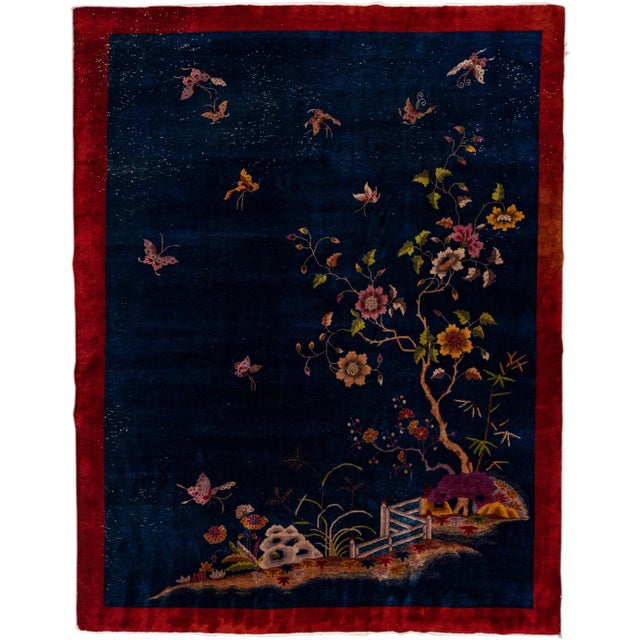 Antique Art Deco Chinese Handmade Floral Blue Wool Rug For Sale - Image 13 of 13