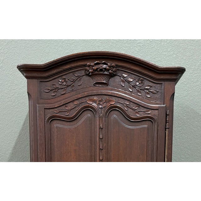 Antique French Louis XV Style Armoire Cupboard Linen Cabinet Bonnetiere Oak For Sale - Image 4 of 18