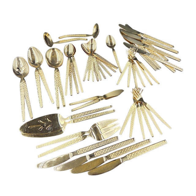 Vintage Gold Electroplate "Trocadero" Hostess & Serving Flatware- 53 Piece Collection For Sale