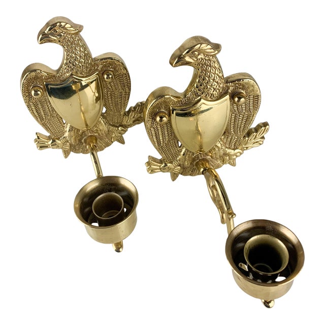 Pair Vintage American Eagle Shield Brass Taper Candle Holder Sconce Americana For Sale