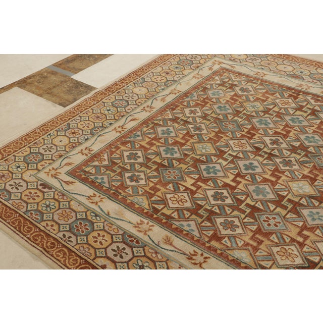 Rug & Kilim Rug & Kilim’s European Style Deco Rug in Brown, Gold and Blue Geometric Pattern For Sale - Image 4 of 7