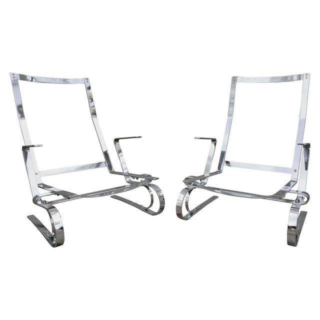 Poul Kjaerholm Attrib. Mid-Century Modern Flat Bar Steel Chrome Lounge Chairs - A Pair For Sale