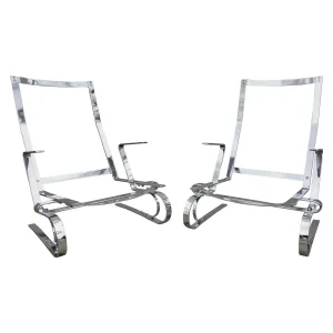 Poul Kjaerholm Attrib. Mid-Century Modern Flat Bar Steel Chrome Lounge Chairs - A Pair