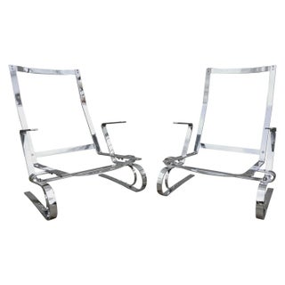 Poul Kjaerholm Attributed Flat Bar Steel Chrome Lounge Chairs - A Pair For Sale