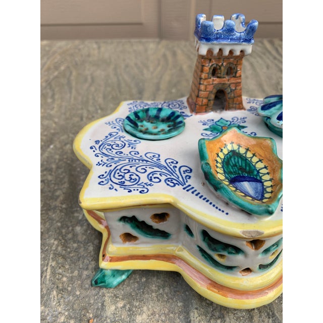 Deruta Early 20th Century Italian Provincial Deruta Hand Painted Allegorical Faience Inkwell For Sale - Image 4 of 12