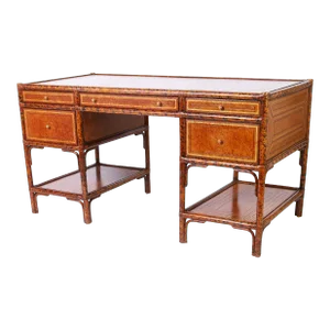 British Colonial Style Faux Bamboo Leather Clad Desk by Maitland-Smith