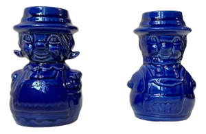 Vintage Blue Glaze Figural Man Wife Ceramic Candlesticks, 1970s, Set of 2