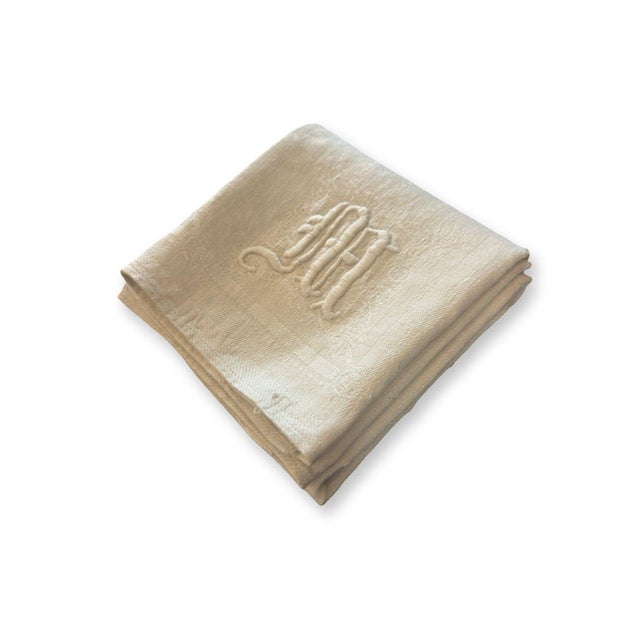 Antique French Linen Bath Towel Monogram M Oversized Damask Linen Towel 19th Century For Sale - Image 9 of 12