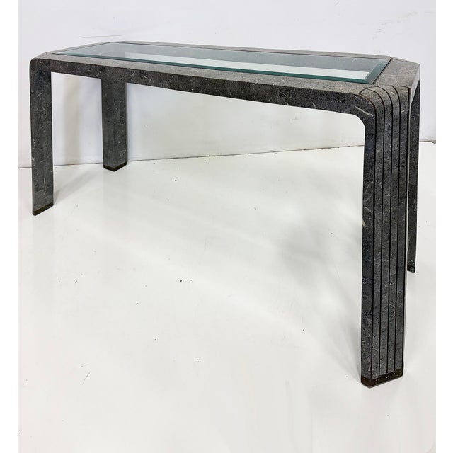 Postmodern Maitland-Smith Tessellated Marble Console Table, Beveled Glass and Brass Trim For Sale - Image 3 of 5