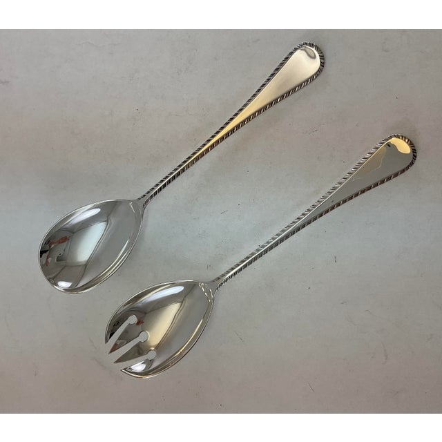 1980s 1980s Silver Pair Salad Servers, Salad Spoon & Salad Fork, Feather Edge For Sale - Image 5 of 14