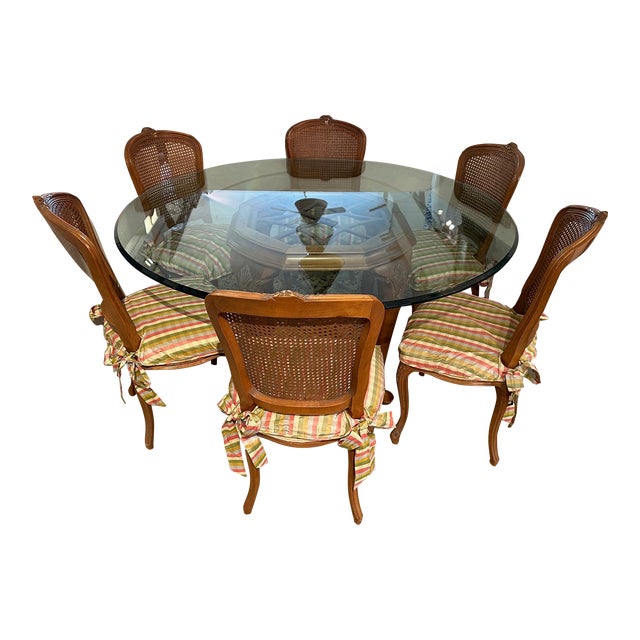 Vintage Maple & Glass Top French Style Round Dining Table and 8 Chairs For Sale