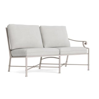 Brown Jordan Venetian Right Arm Loveseat, Dove frame with Fusion Dove fabric For Sale