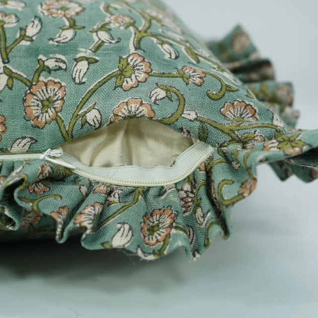 Fabdivine Handmade Block Printed Cushion Cover Green 14x36 Inch Pure Linen- Himachal For Sale - Image 4 of 5