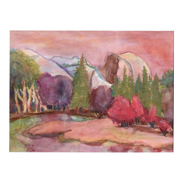 Half Dome in Pastel Colors, Yosemite National Park Fauvist Landscape Watercolor by Karen Druker For Sale