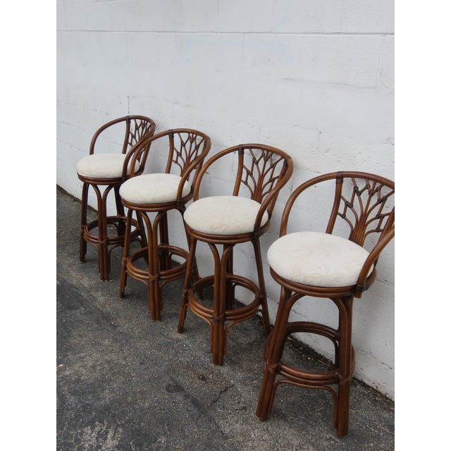 Hollywood Regency Bamboo Rattan Swivel Barstools a Set of Four 6367 For Sale In Miami - Image 6 of 18