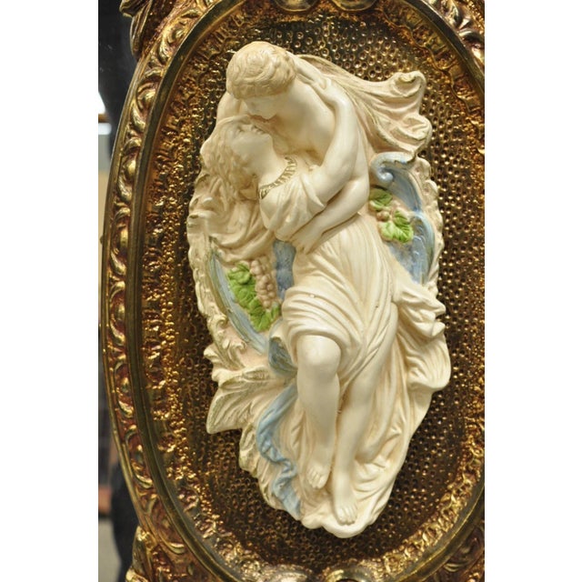 Rococo Vintage French Rococo Large Gold Wall Mirror With Bisque Figural Lovers Plaques For Sale - Image 3 of 12