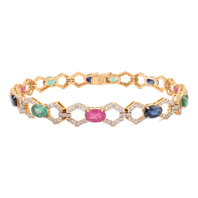 Hexagon Design Oval Cut Multi-Gemstone & Diamond Halo Rainbow Link Bracelet in 14k Gold For Sale