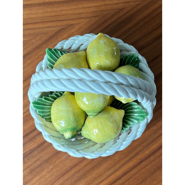 Yellow 1970s Italian Trompe L"Oeil Petite Woven Rope Basket of Lemons For Sale - Image 8 of 11