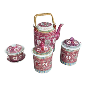Vintage Chinese Mun Shou Rose Pink Longevity Enameled Porcelain Tea Set- 5 Pieces