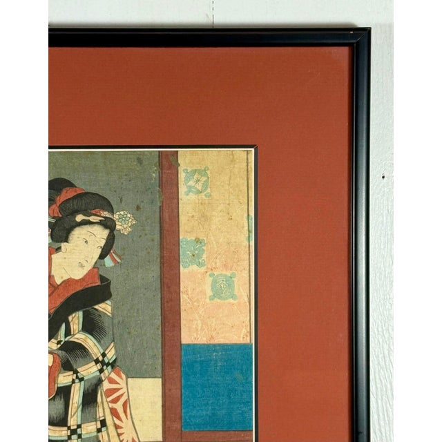 Rare Signed 19th C. Utagawa Kunisada Japanese Woodblock Print, Toyokuni III Ukiyo-E Art, Checkered Kimono Portrait, Antique Edo Period Asian Decor For Sale - Image 11 of 16