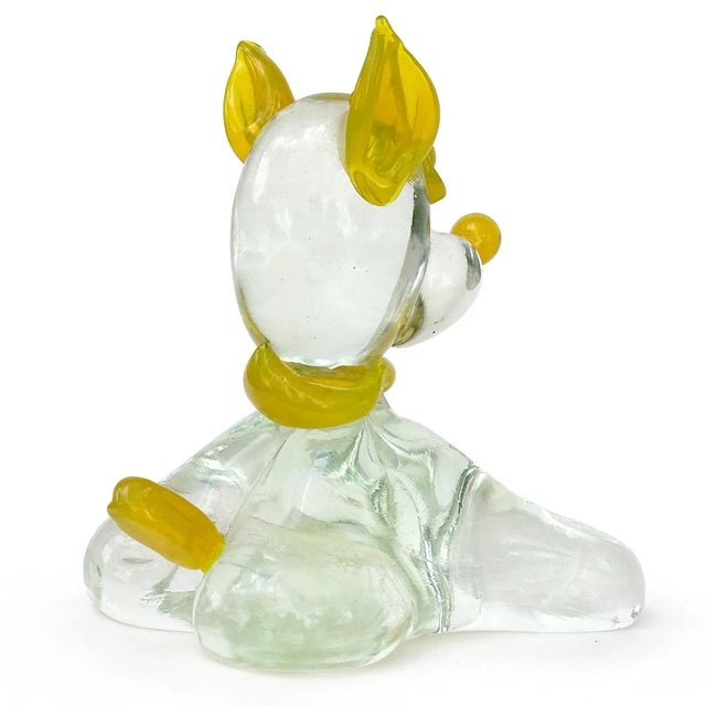 Cute vintage Murano hand blown yellow and clear Italian art glass puppy dog sculpture / paperweight. Documented to the...