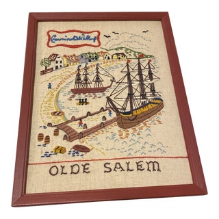 Vintage Olde Salem Needlepoint of Historic Town Crewel Crowningshield Wharf Ship For Sale