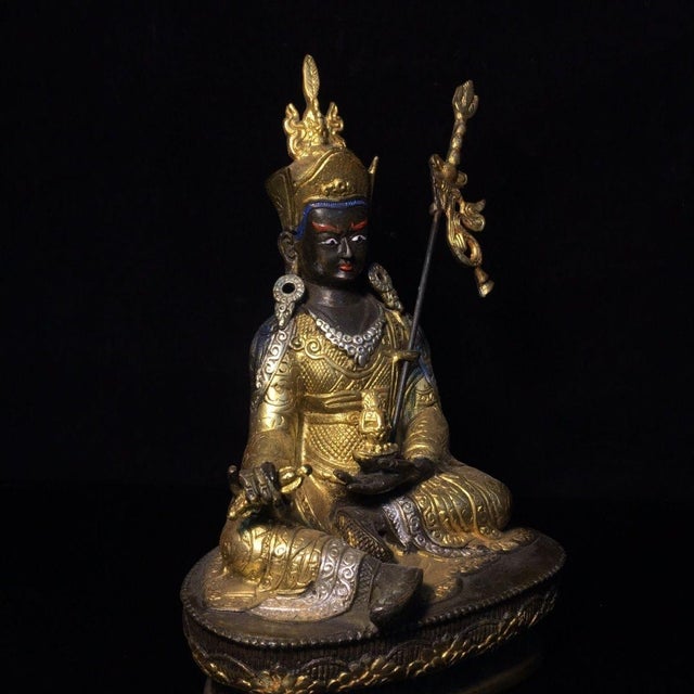 Asian Late 20th Century Gilt Bronze Padmasambhava Statue, Tibetan Buddhist Figure, 900g For Sale - Image 3 of 9