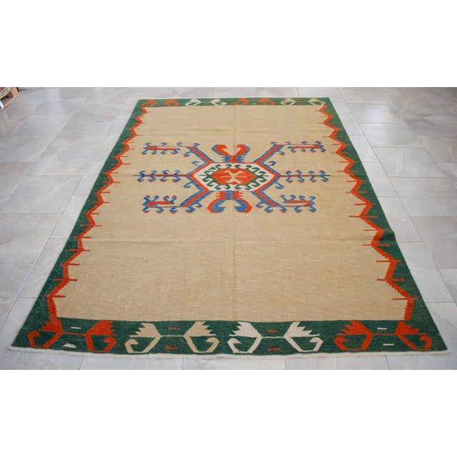 Textile Vintage 6x9 Turkish Rug Kilim Handmade Geometric Tribal Design for Modern Farmhouse Decor For Sale - Image 7 of 15