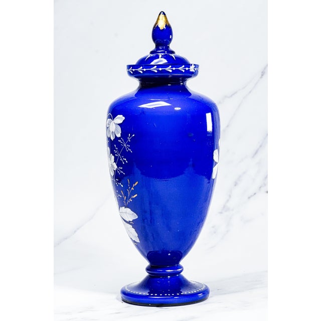 Striking Cobalt Blue and Hand Painted White Dragon Fly Flower Design Antique Victorian Decorative Vase For Sale - Image 11 of 17