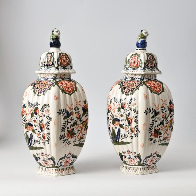 Boho Chic Polychrome Delft Vases by Louis Fourmaintraux, Set of 2 For Sale - Image 3 of 12