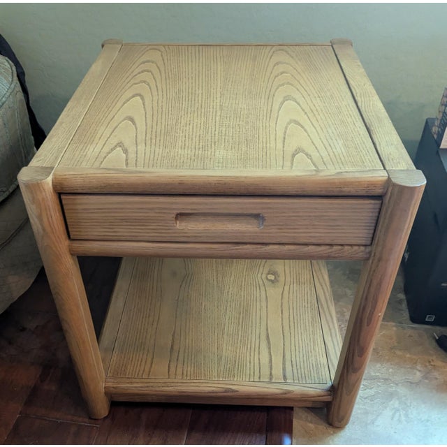 Tan 1980s Thomasville 4 Piece Light Oak Living Room Tables: 2 End Tables, Sofa Console Table and Square Glass Coffee Table For Sale - Image 8 of 13