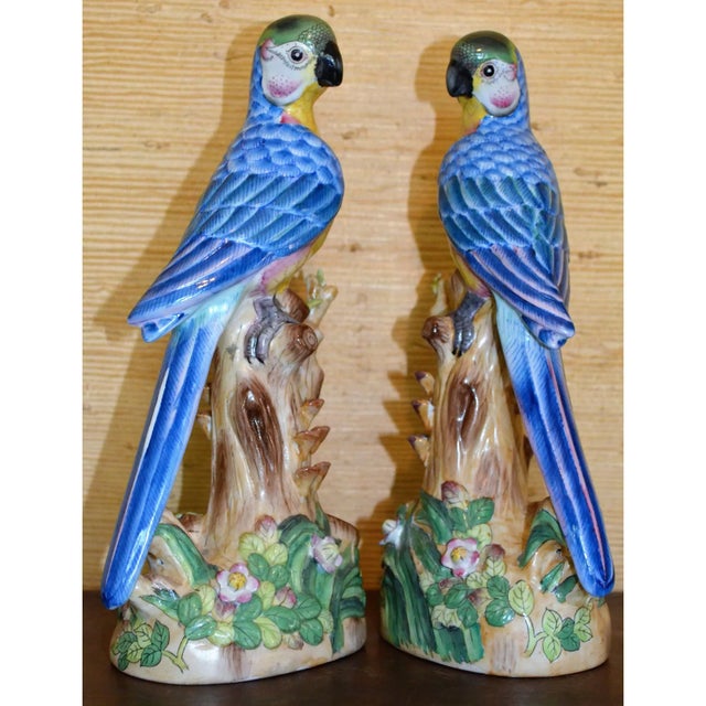 Vintage Chinese Blue Majolica Parrot Figurines - A Pair For Sale - Image 13 of 13