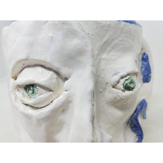 2010s Handcrafted Decorative Mug - Faces on 2 Sides - Blue Eyes and Green Eyes - Ooak For Sale - Image 11 of 18