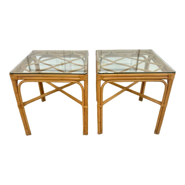 1980s Glass Top Rattan Side Tables- A Pair For Sale