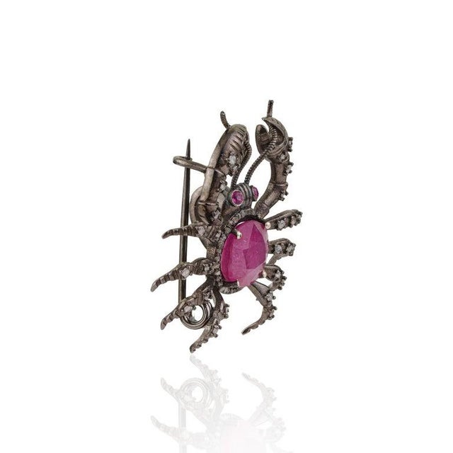 Early 21st Century 6.4 Carat Ruby and Diamond Crab Brooch Pendant in Sterling Silver For Sale - Image 5 of 14