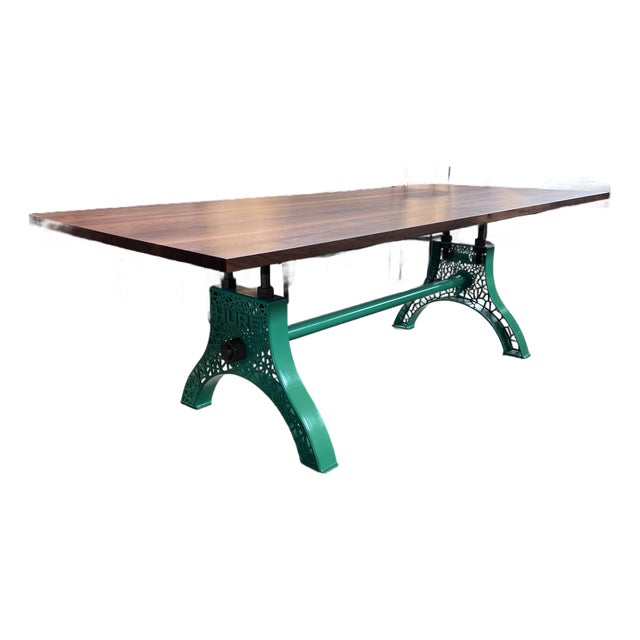 Custom Table With Vintage Hure Cast Iron Base and New Walnut Top For Sale