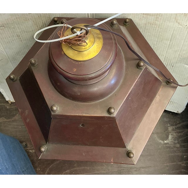 Copper Mid 20th Century French Large Scale Hexagon Copper / Cast Iron & Brass Three Light Lanterns - Pair For Sale - Image 8 of 11