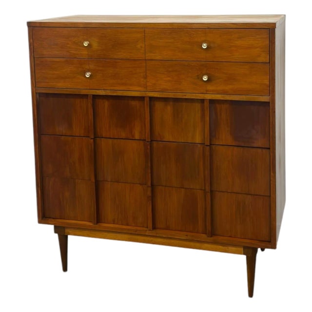 Vintage Mid-Century Modern Highboy Dresser Dovetailed Drawers Brass Finished Pulls. For Sale